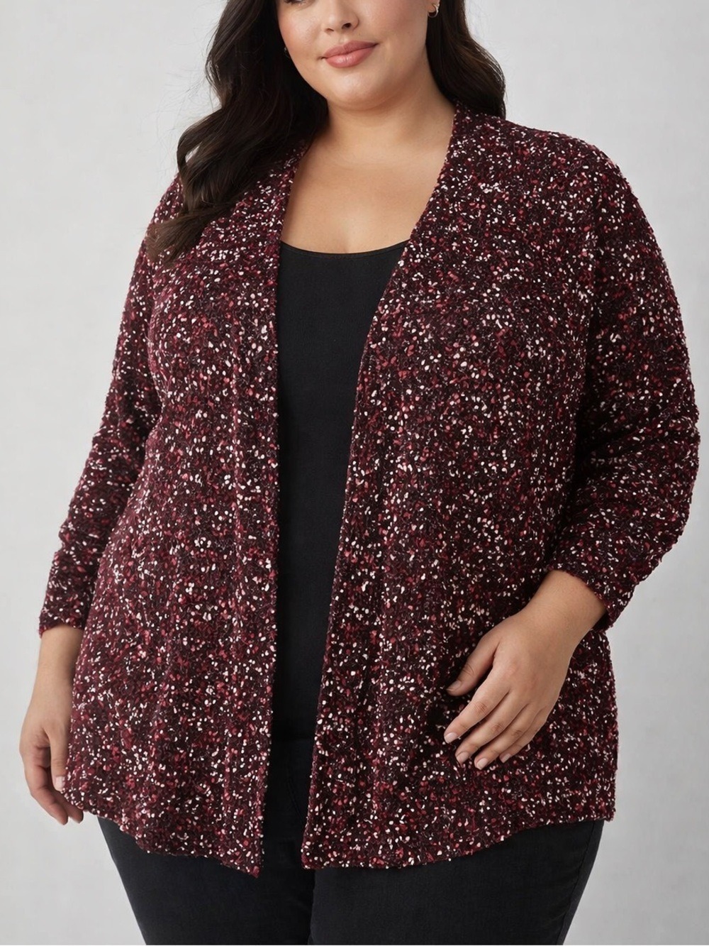 NINA LEONARD Burgundy with White & Black Flecks Open Cardigan 3X